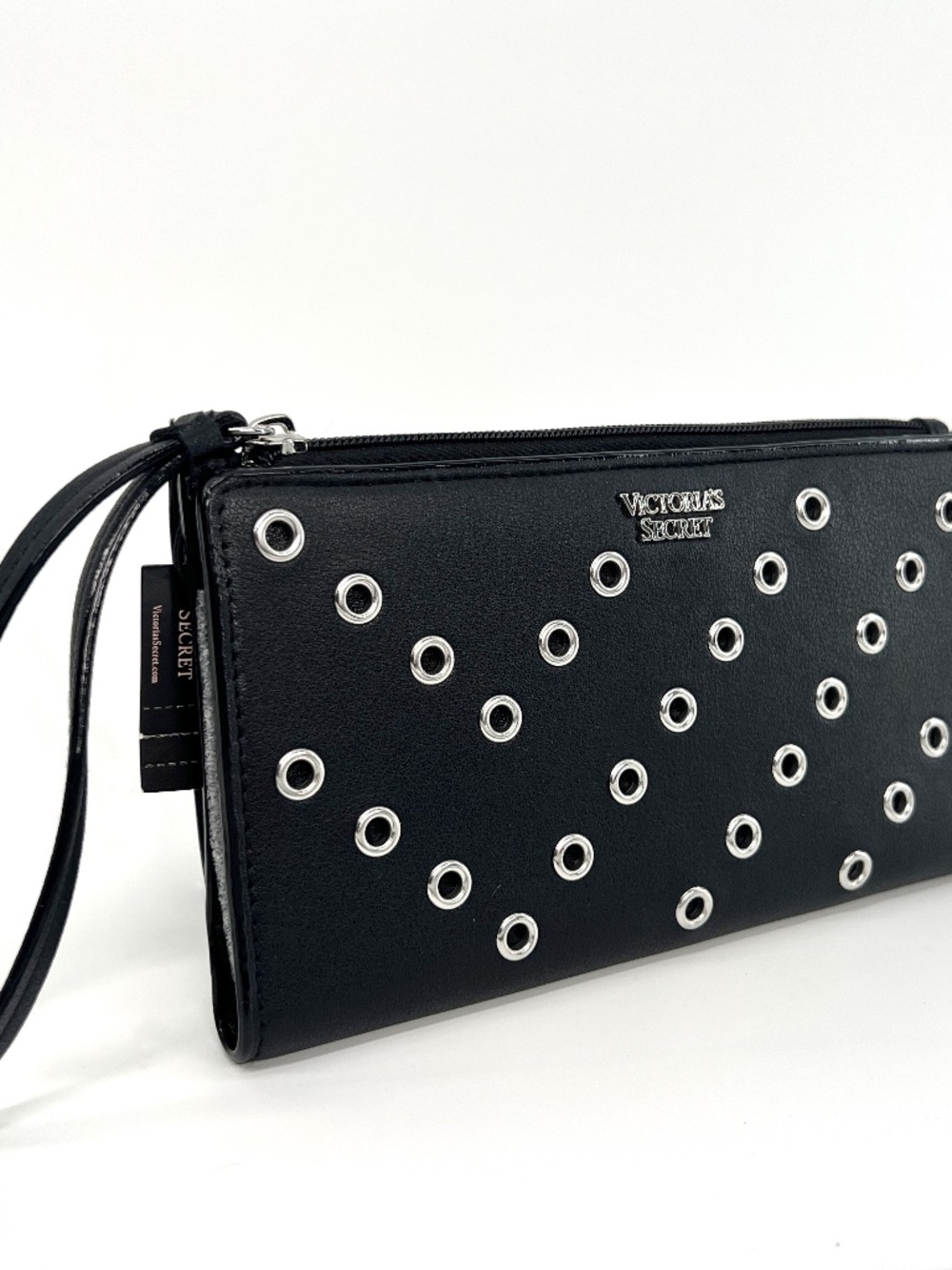 Victoria's Secret Black Rows of Silver Eyelets Stud Faux Leather Wristlet Wallet